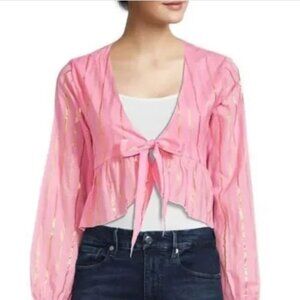 NWT St Tropez  Area Stars Tie Front Pink Crop Top Shirt Sz large